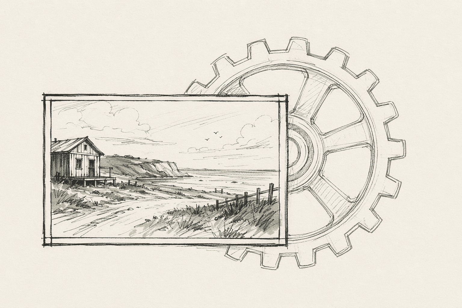 Sketchbook storyboard panel of a coastal cabin scene with a large mechanical gear drawn behind it, evoking the mechanism generating the frame