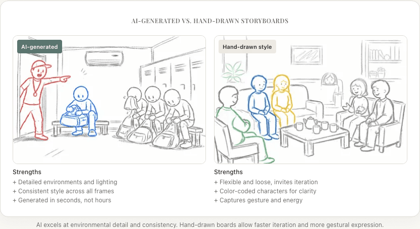 Side-by-side comparison of AI-generated and hand-drawn storyboard frames with strengths listed for each
