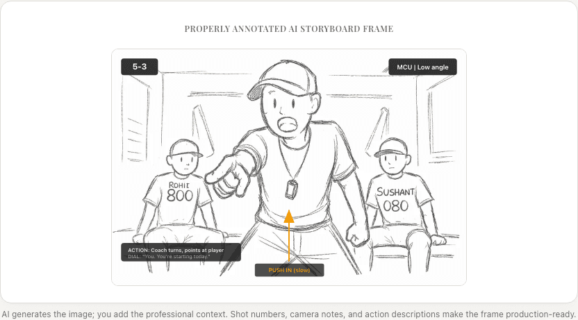 Properly annotated AI storyboard frame with shot number, camera angle, push-in arrow, and action notes