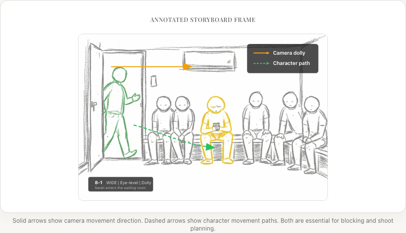 Annotated storyboard frame with camera dolly and character movement arrows overlaid on a waiting room scene
