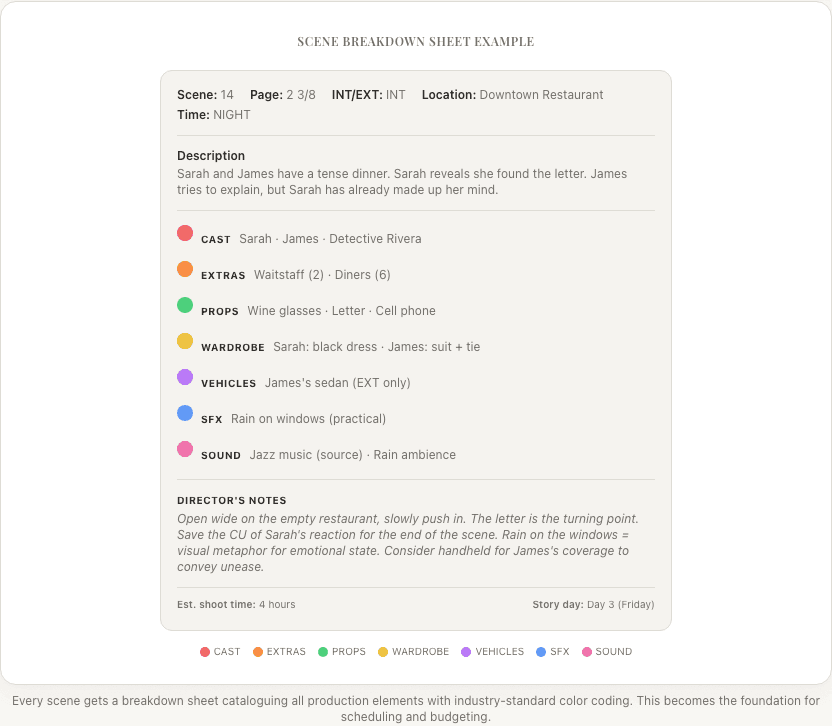 Scene breakdown sheet with color-coded production elements: cast, props, wardrobe, and director notes