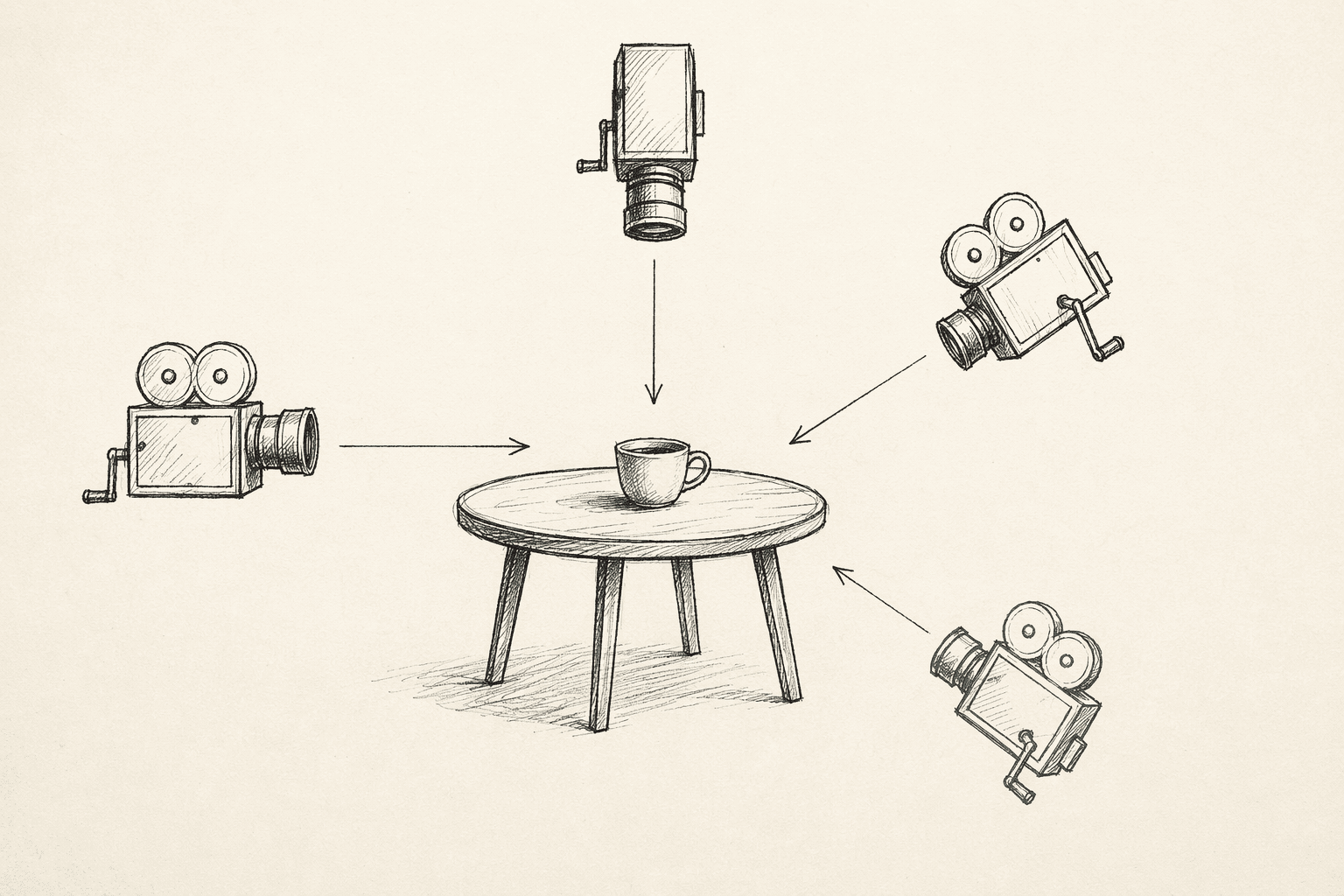 Sketched coverage diagram — a tabletop with a coffee cup in the center, four vintage cinema cameras positioned at different angles around it with sight-line arrows