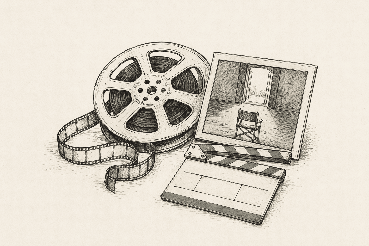 Vintage film reel with film leader spilling out, a small framed storyboard panel showing a director's chair facing a doorway, and a sage-banded clapperboard