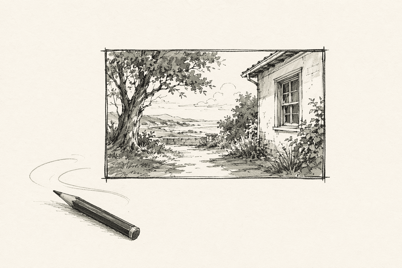 A finished sketchbook panel of a rural scene with house, tree, and path — a pencil rests outside the panel with faint motion wisps, set down because the work is done