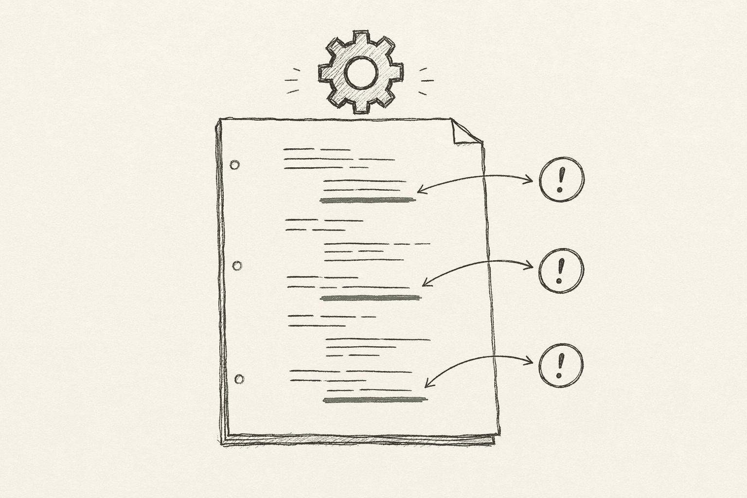 A sketched screenplay page with three sage underlines on flagged passages, arrows leading to circled exclamation marks in the margin, a mechanical gear hovering above — AI-assisted continuity flagging