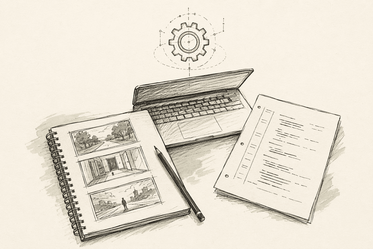 Director's working desk — open sketchbook with three panels, screenplay page, half-closed laptop, a mechanical gear hovering above the laptop with a sage rim