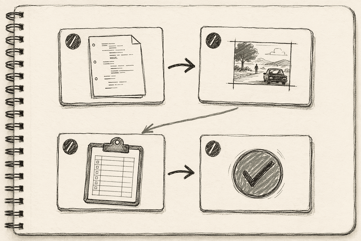 Sketchbook page with four index-card steps arranged 2x2 — screenplay, panel, clipboard, checkmark — connected by Z-pattern arrows showing the shot-list workflow