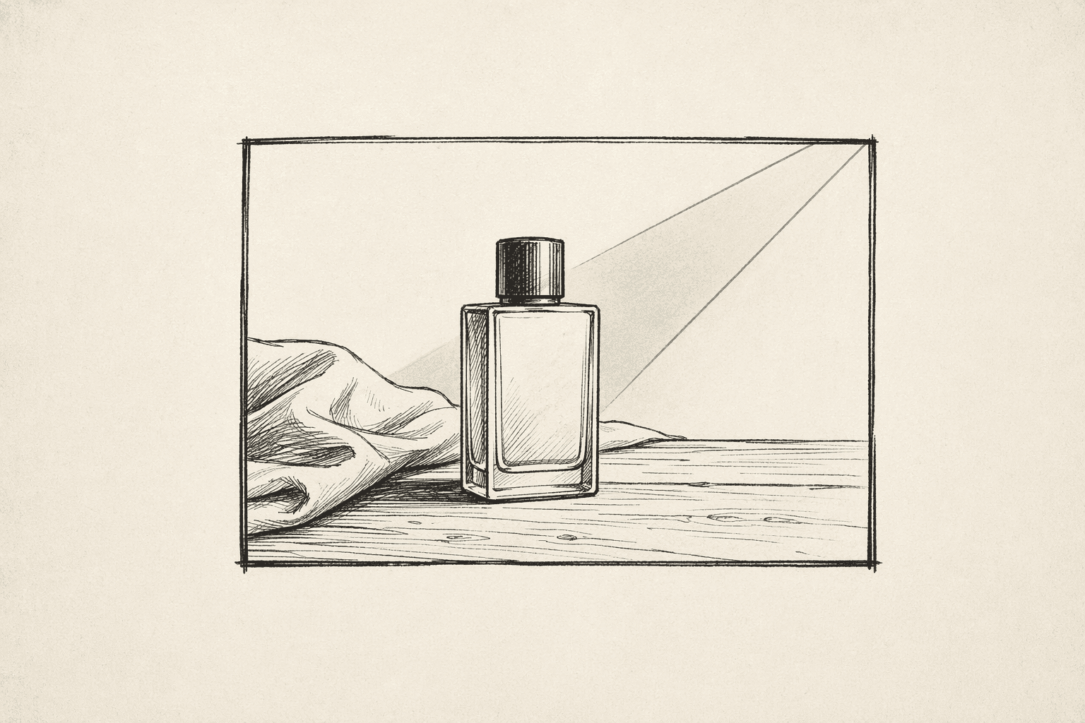 Storyboard panel of a generic product bottle on a wooden tabletop with a soft fabric drape, sage-tinted spotlight beam angled from the upper right
