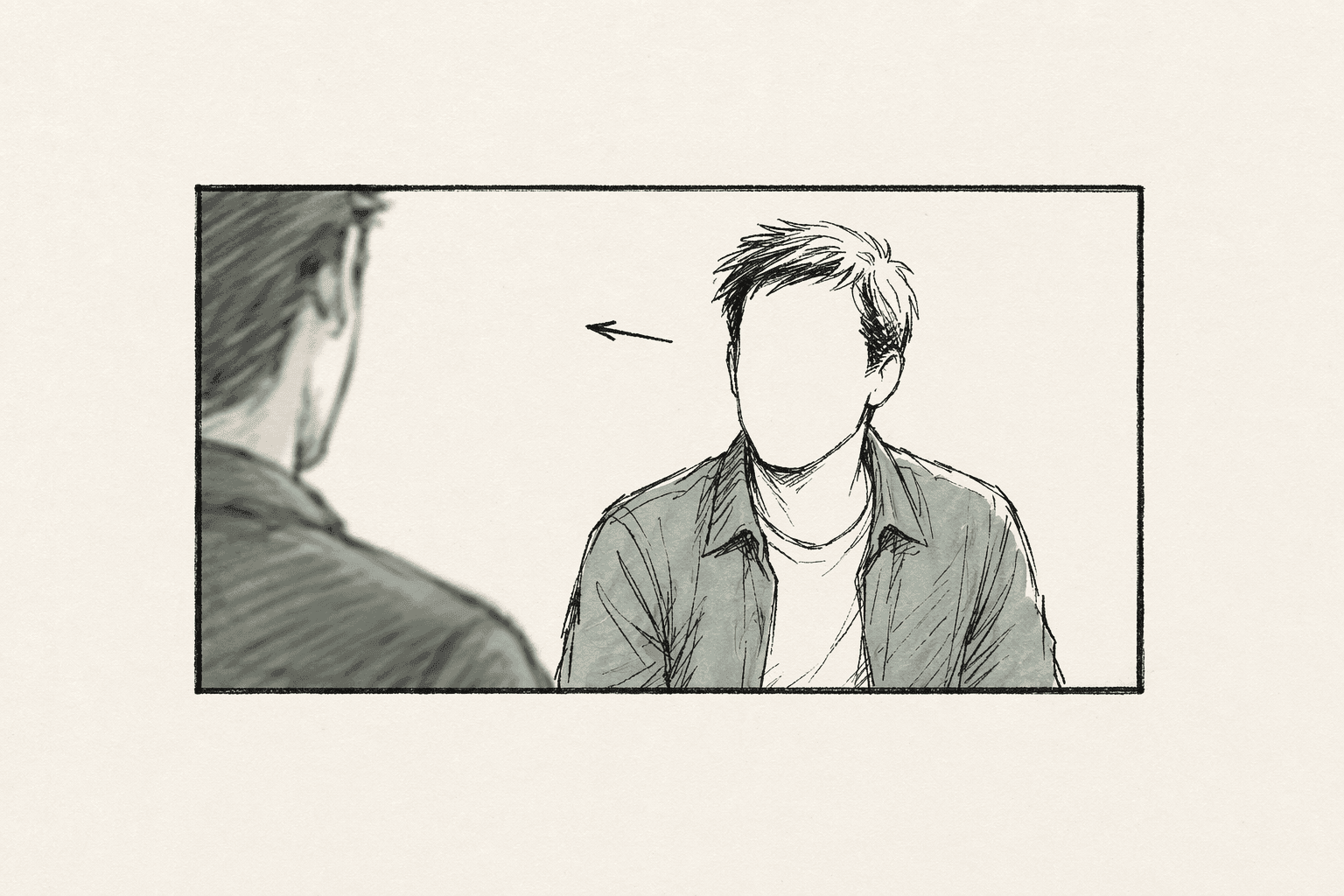 Dirty-single dialogue framing — the foreground figure occupies the right third with the over-the-shoulder silhouette of the other character on the left, eye-line arrow above