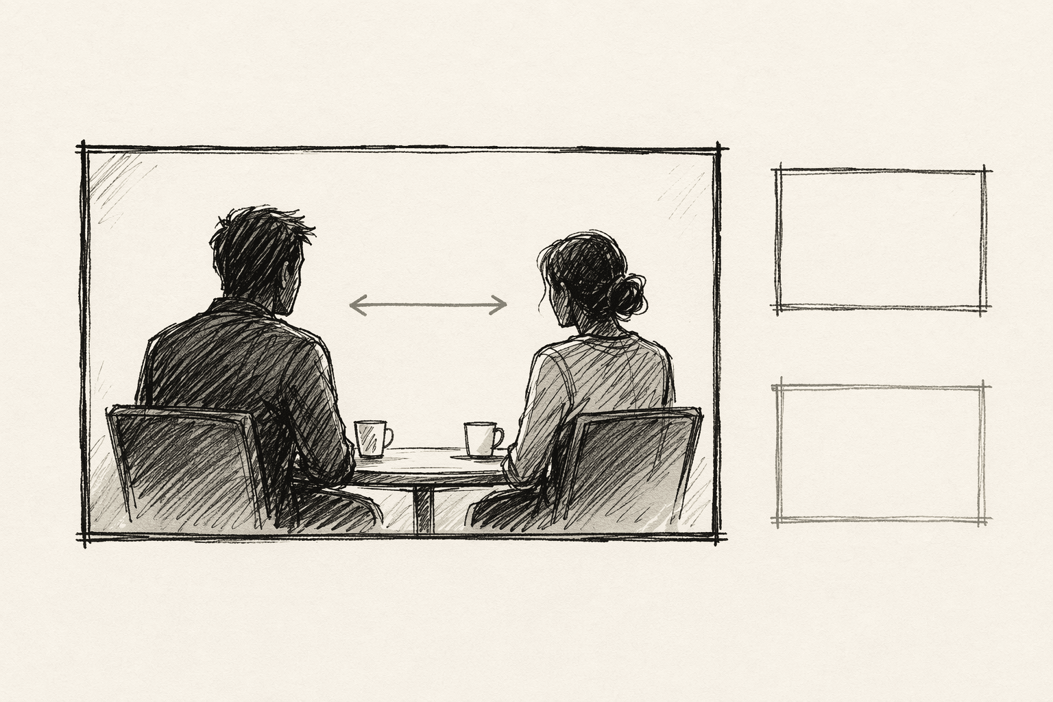Storyboard panel of two seated silhouettes across a small table from behind with two coffee cups, arrow between them, two empty panels suggesting shot-reverse-shot