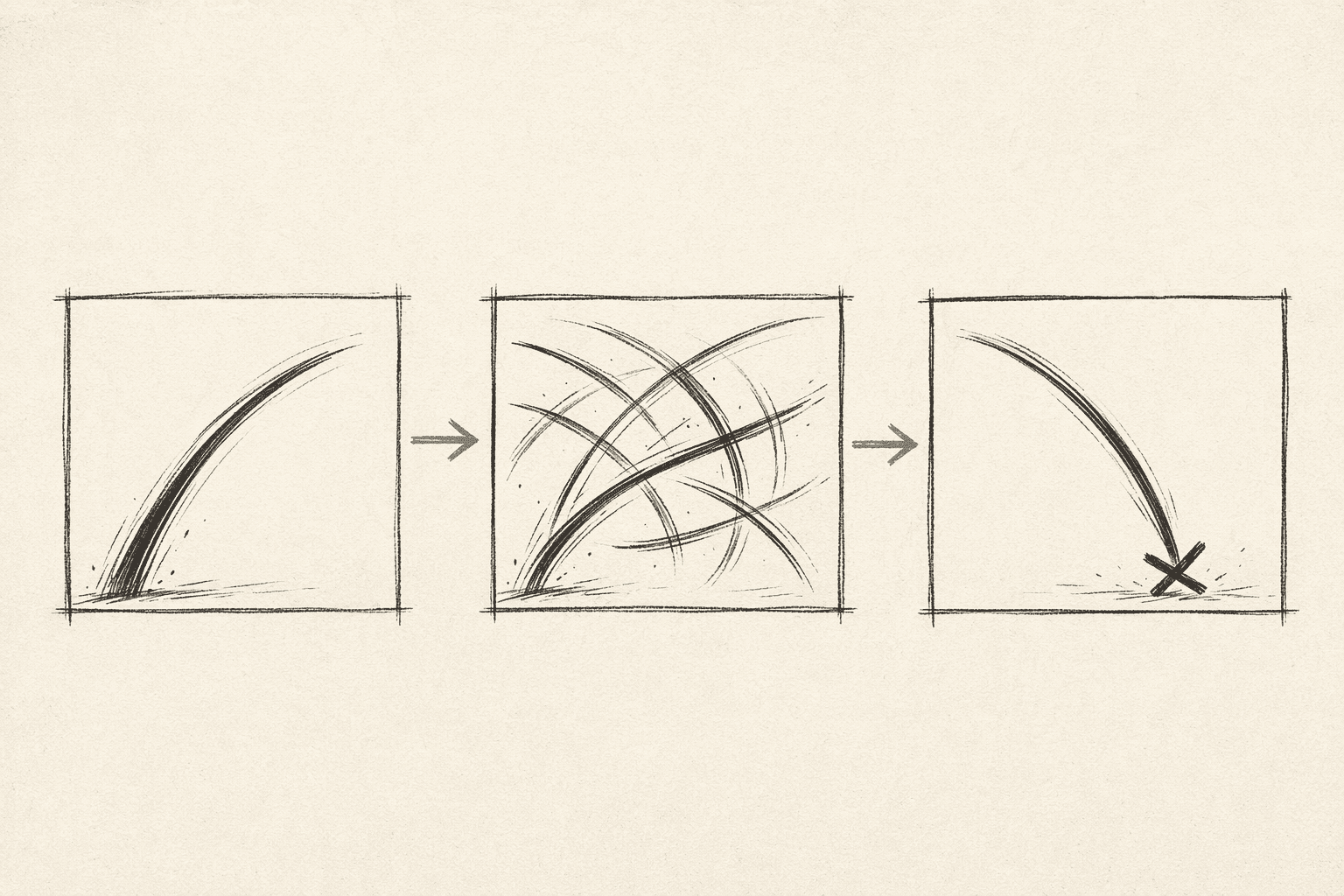 Three storyboard panels showing pure action-line abstractions — a single inciting curve (initiation), crisscrossing motion arcs (exchange), a descending arc ending in an X (resolution) — connected by sage-tinted arrows
