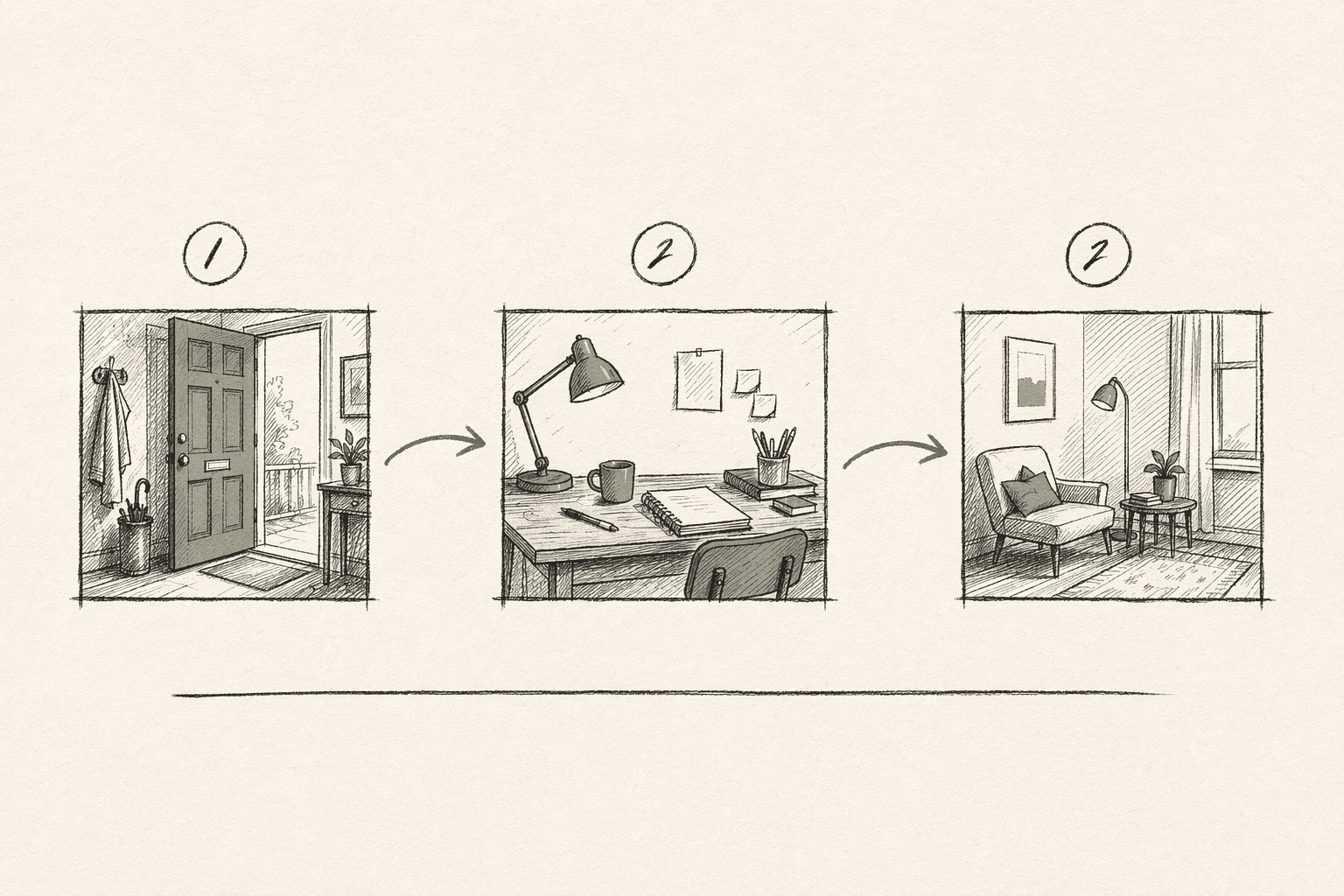 Three storyboard panels in a horizontal row showing a hallway, a desk under a lamp, and a sitting area — each numbered, connected by sage-tinted arrows