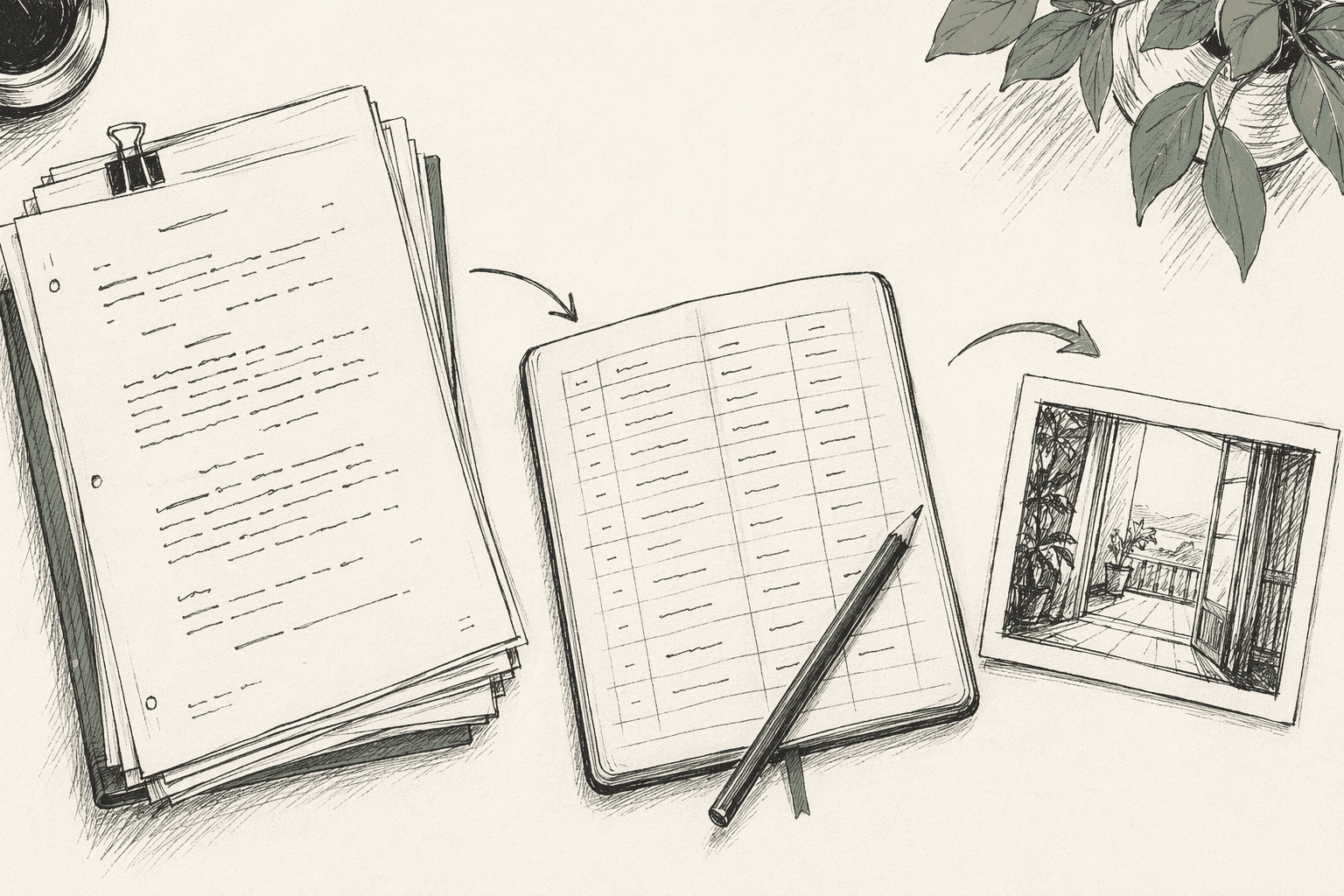 Top-down view of a director's desk: stack of screenplay pages, open notebook with shot list and pencil, and a single storyboard panel of a sunlit doorway