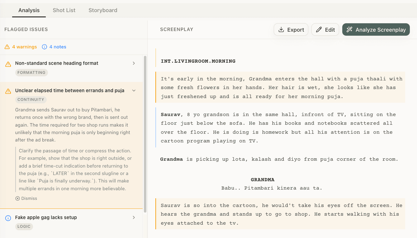 StoryBirdie's screenplay analysis showing flagged continuity and formatting issues