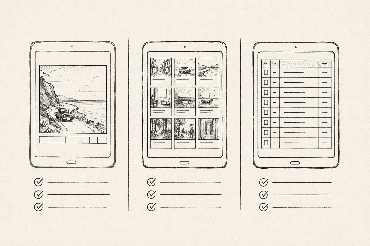 Three sketched tablets side by side comparing storyboarding tools — one with a coastal panel, one with a panel grid, one with a shot list, each over a checklist row