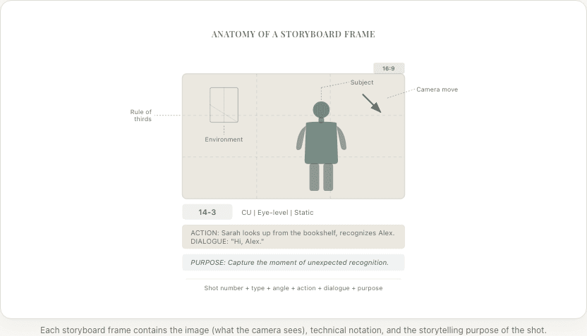 Anatomy of a storyboard frame showing shot number, type, angle, action description, and composition guidelines