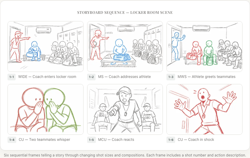Storyboard sequence showing six frames from a locker room scene with shot numbers and captions