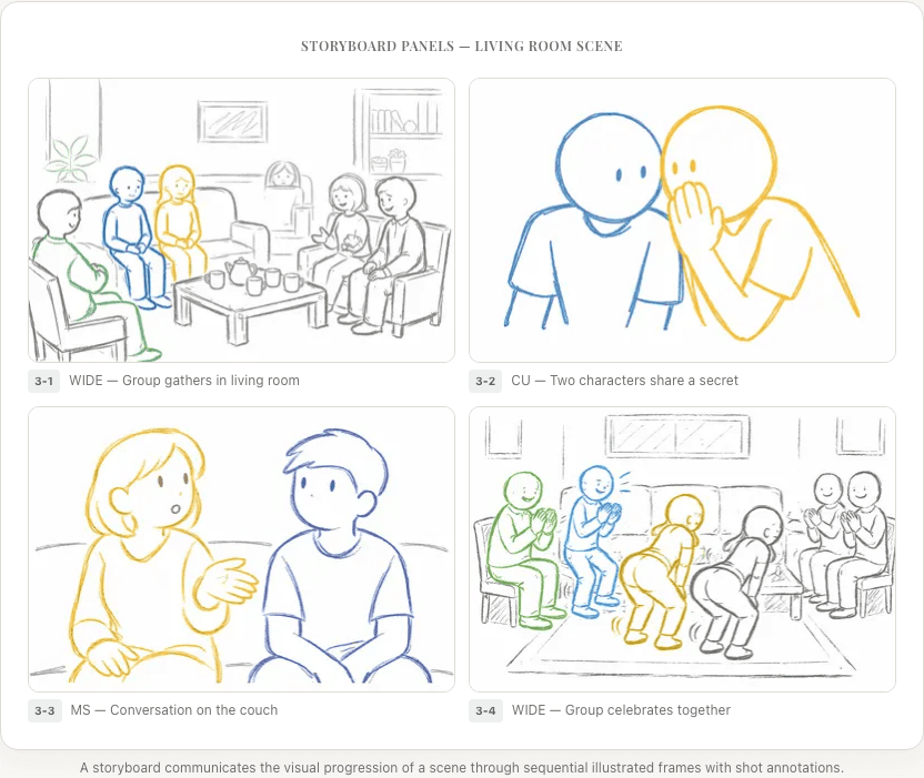 Four storyboard panels from a living room scene showing wide, close-up, medium, and celebration shots