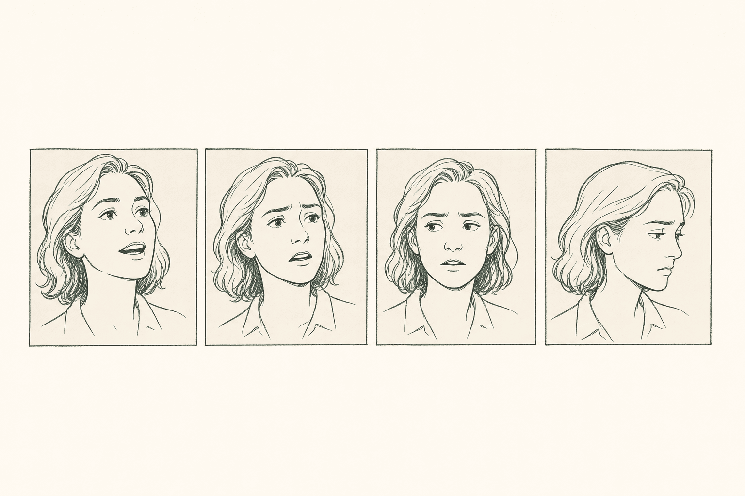 A single character's face drawn across four storyboard panels, moving through emotional beats — confident, faltering, drifting gaze, resigned — for one line of dialogue