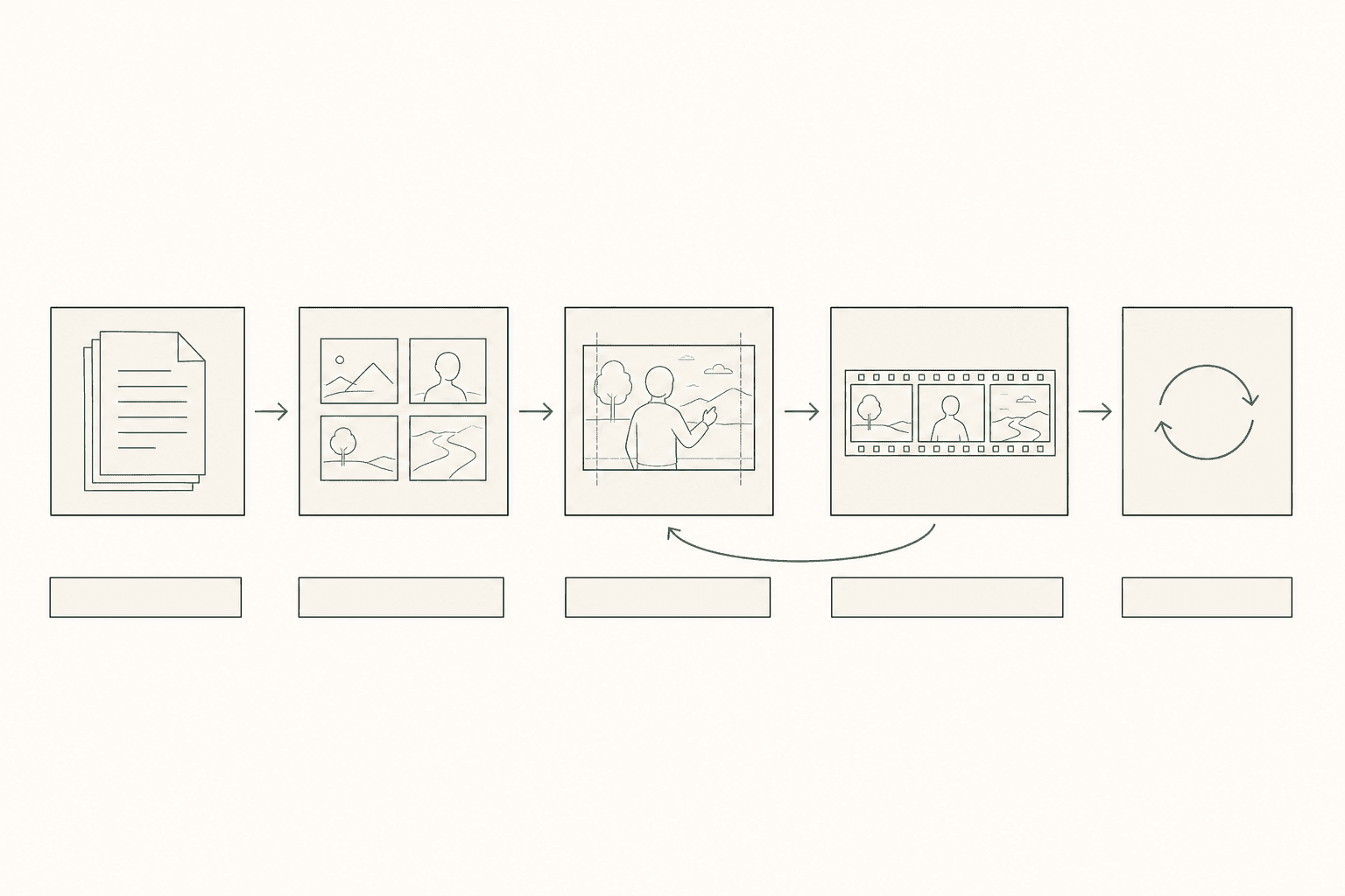 Flat diagram of the animation storyboard pipeline as five horizontal stages — script breakdown, thumbnails, detailed panels, animatic, revisions — with a curved arrow looping from animatic back to detailed panels
