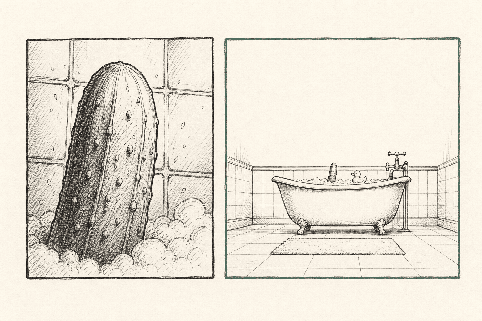 Two hand-drawn storyboard panels side by side — a tight dramatic close-up on the left, a wide reveal of the absurd bathroom context on the right, with the reveal panel outlined in sage green to mark the punchline frame