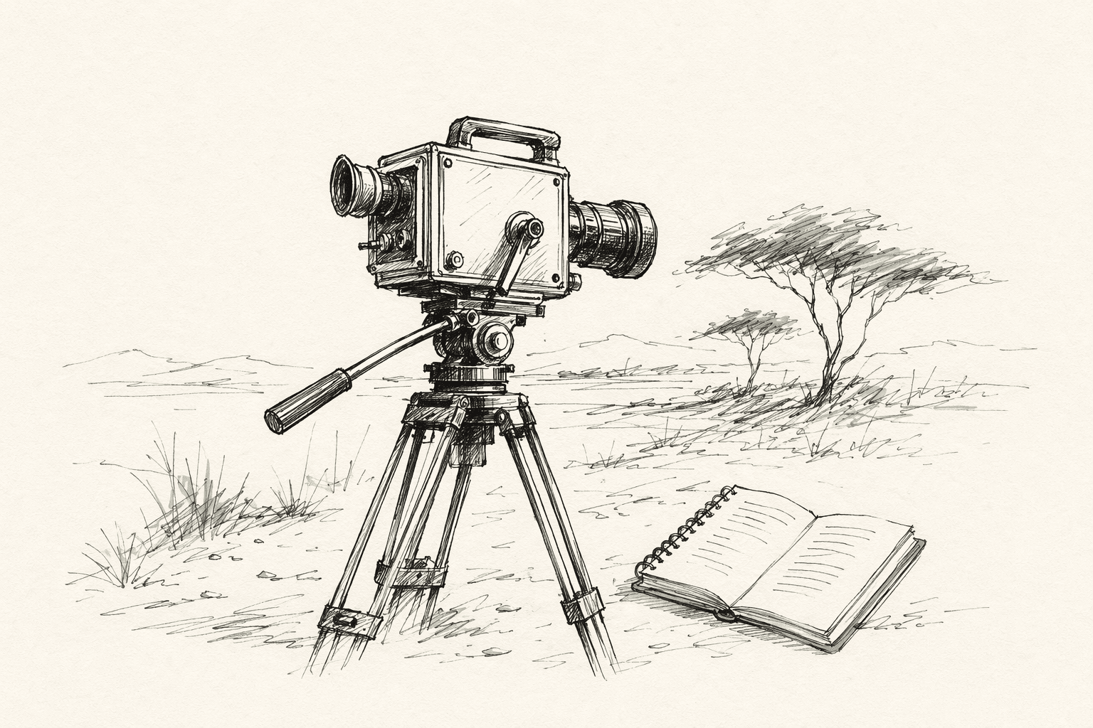Vintage cinema camera on a tripod in a sketched savanna landscape with an acacia tree, an open notebook resting in the grass beside it