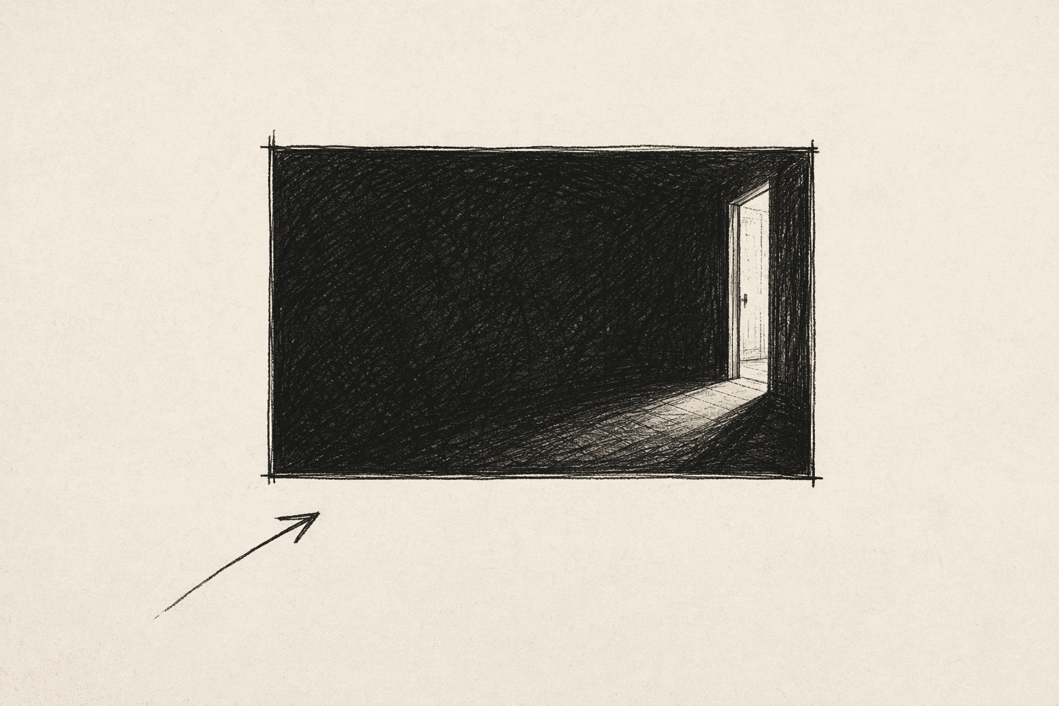 Storyboard panel densely cross-hatched in shadow with a single sliver of light spilling through a partially open door, an arrow pointing toward the panel