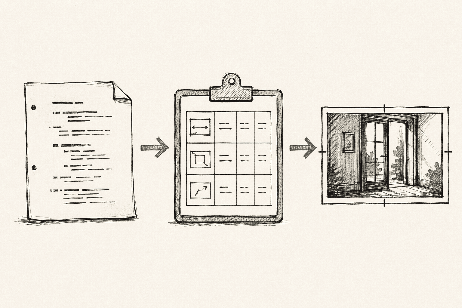 Three-stage sketchbook pipeline: screenplay page, then clipboard with shot list rows, then a storyboard panel of a sunlit doorway, connected by arrows