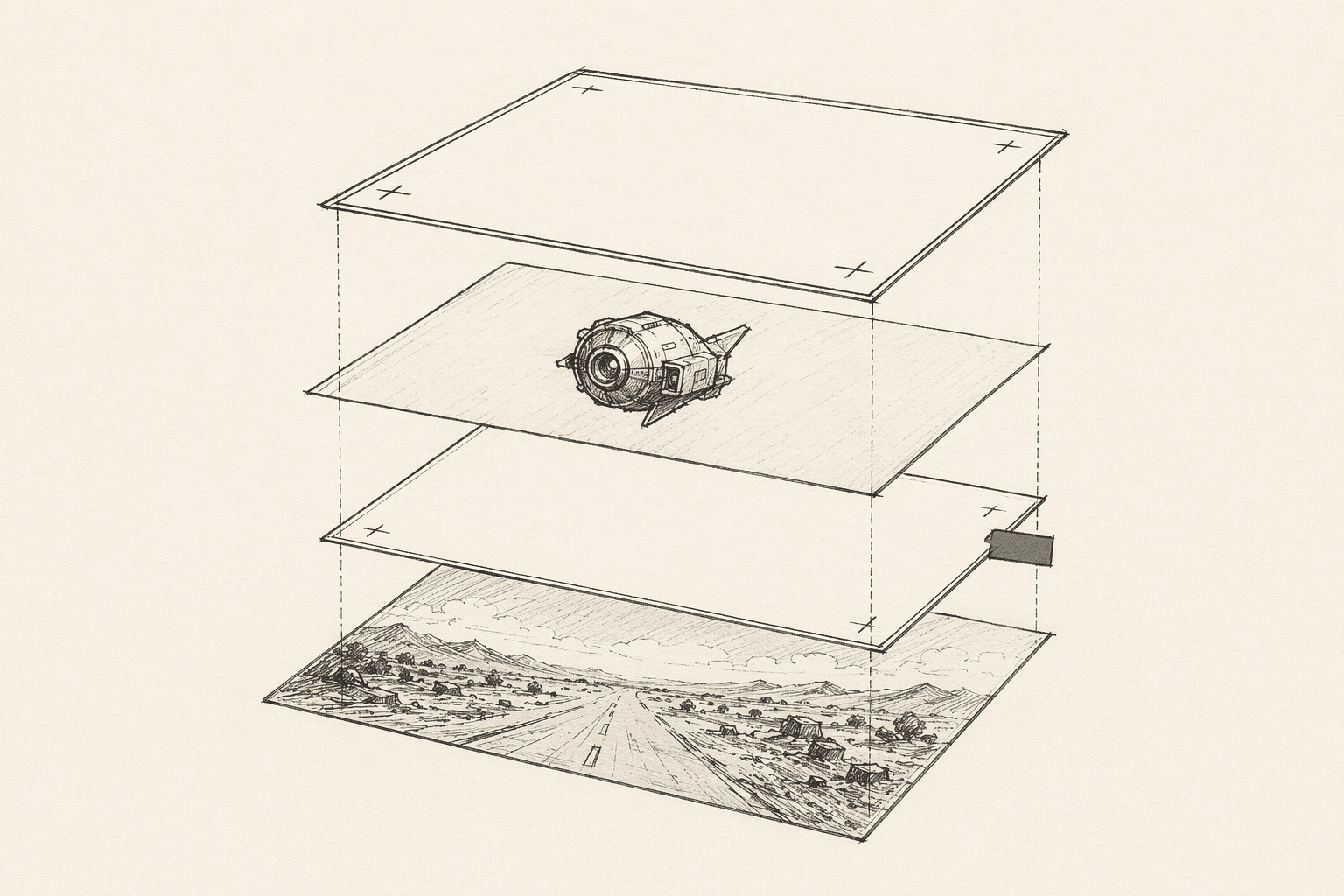 Exploded axonometric view of four stacked VFX layers — plate photography of a desert road at the bottom, blank green-screen plate with corner crosshairs, a CG element floating mid-frame, annotation overlay on top — connector lines between corners