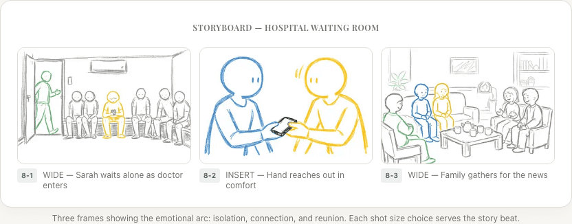 Three storyboard frames from a hospital waiting room scene showing the emotional arc from isolation to connection