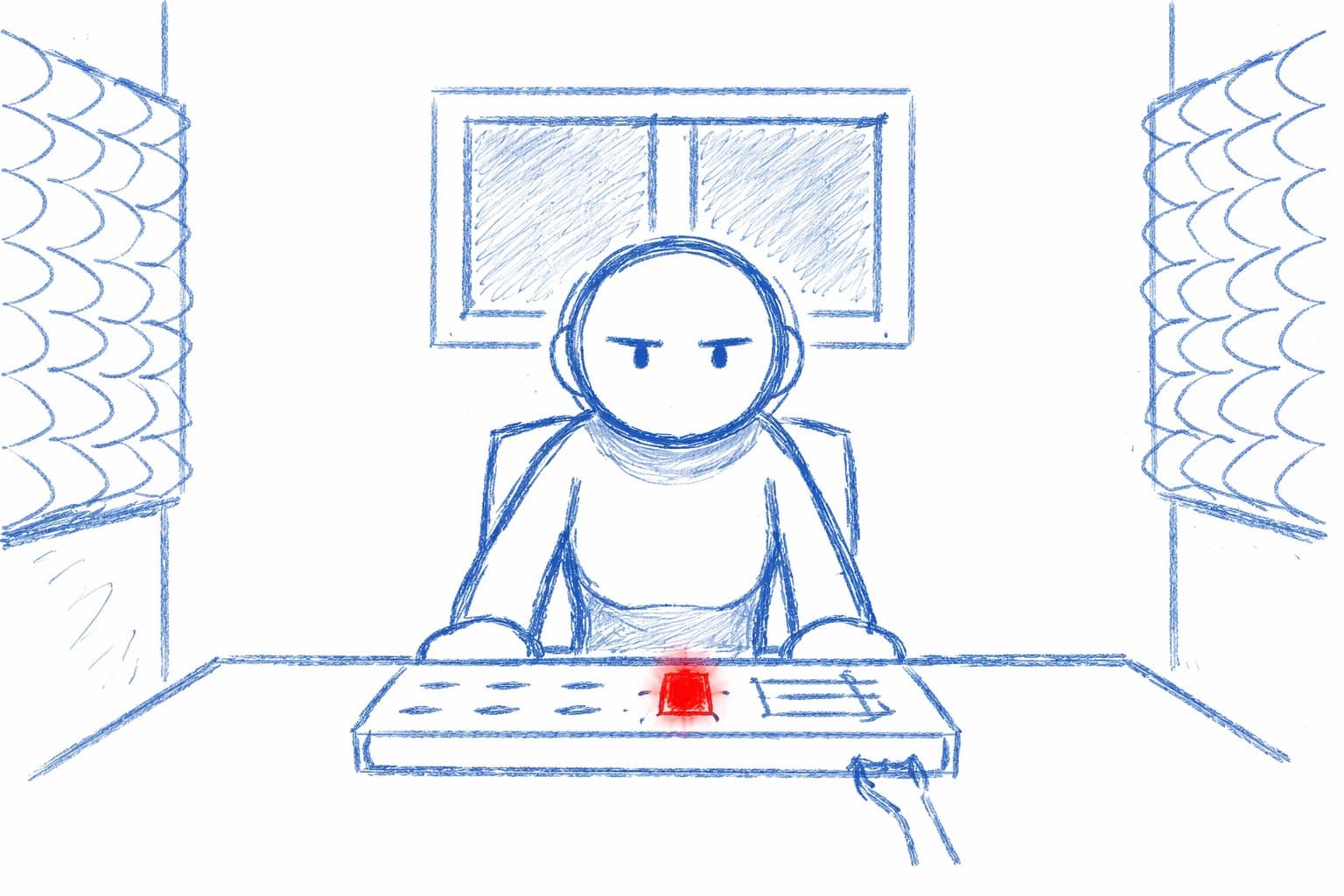 Storyboard frame showing red-lit tension in a thriller scene