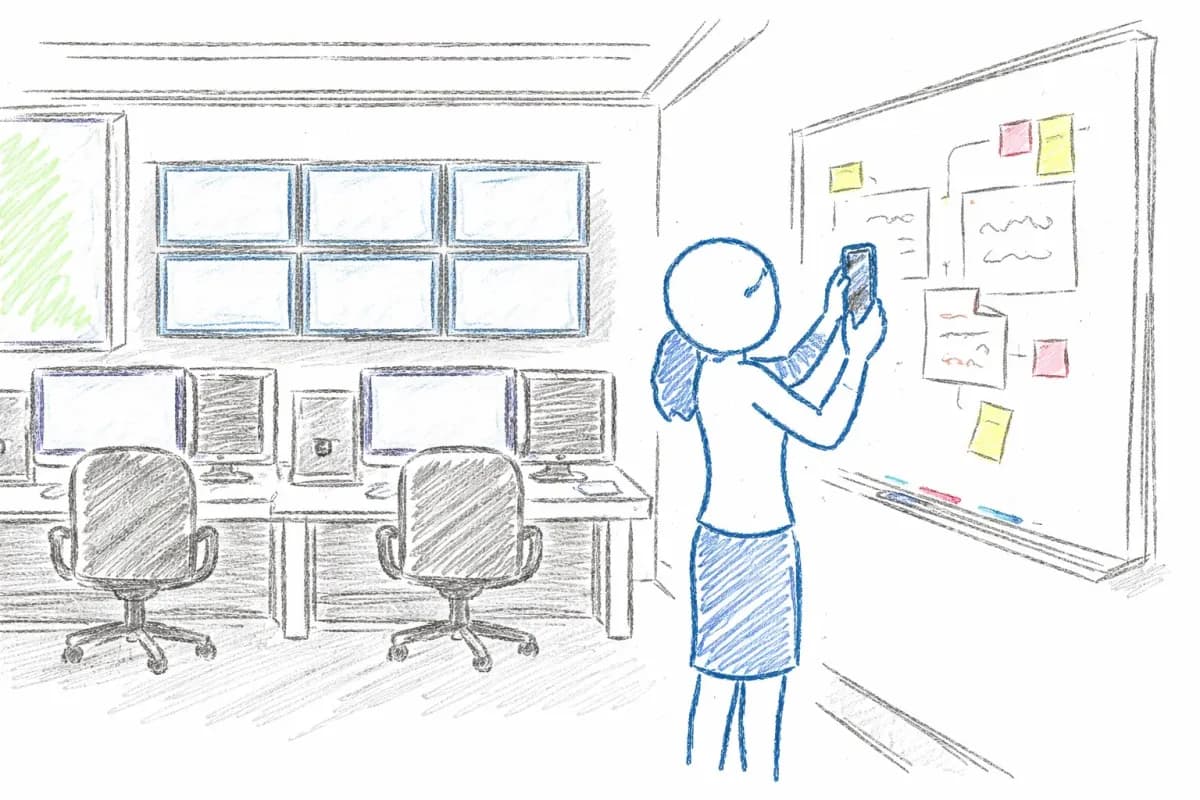 Wide of an empty open-plan office at dusk, Priya photographing a whiteboard covered in sticky notes