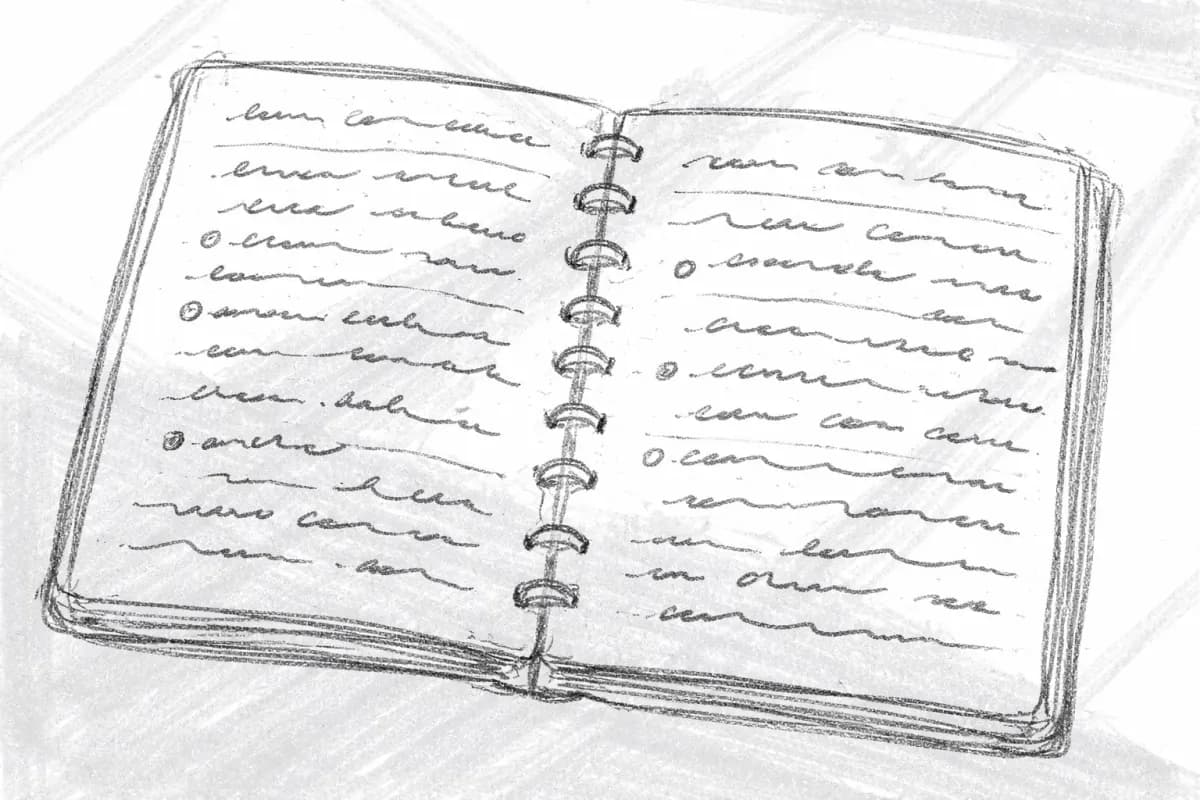 Overhead insert of Priya's notebook, three pages filled with handwriting