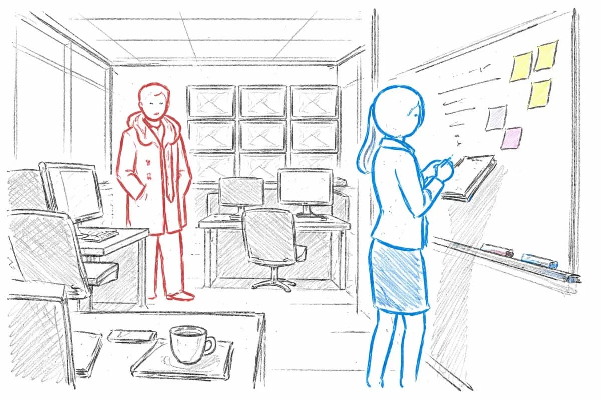 Tom appears at the end of the aisle in his coat while Priya keeps writing at the whiteboard