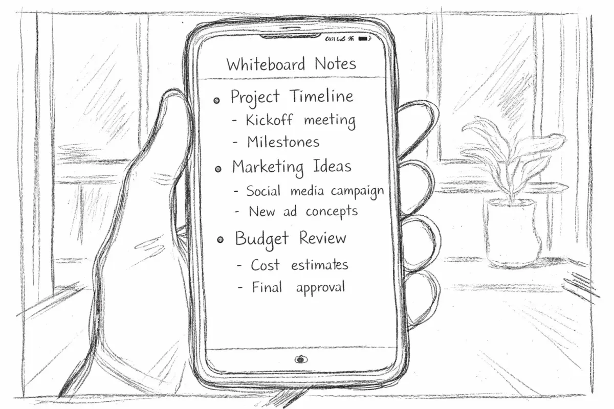 Insert of the phone screen showing the whiteboard captured, sorted and typed out