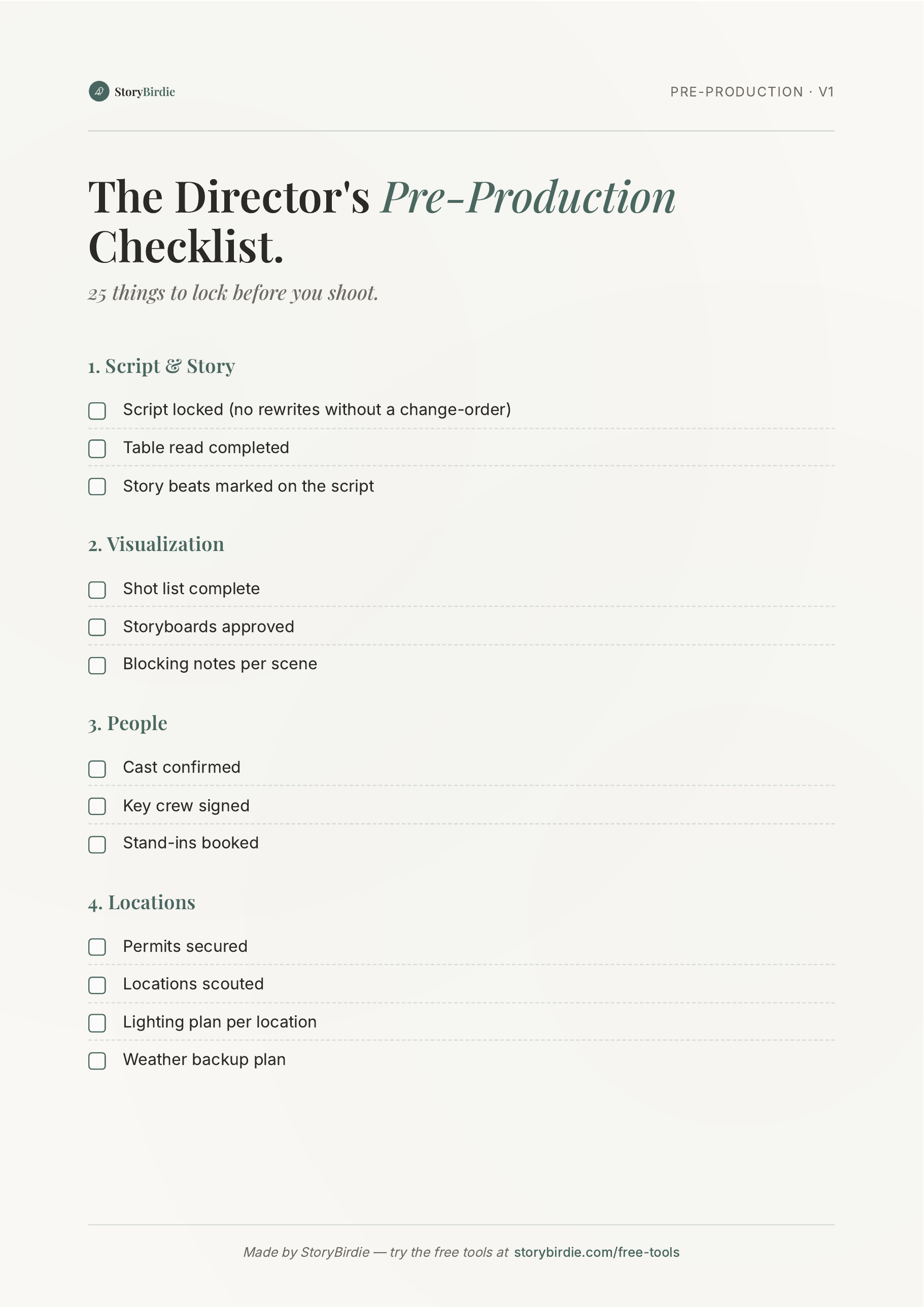 The Director's Pre-Production Checklist — page 1 of the free PDF, showing the first four sections.