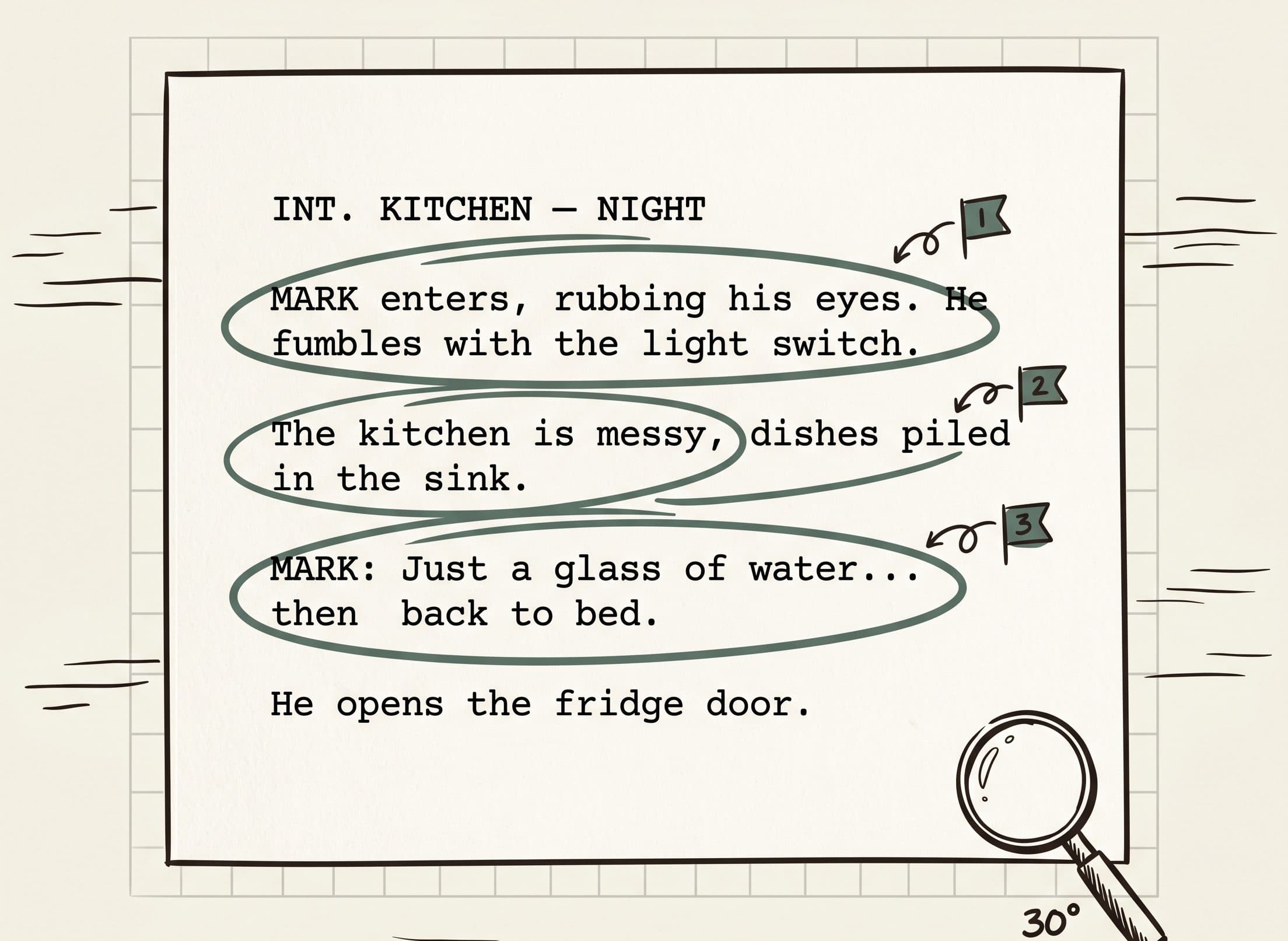 Hand-sketched screenplay page with three sage-green continuity annotations and a magnifying glass — illustrating AI screenplay analysis.