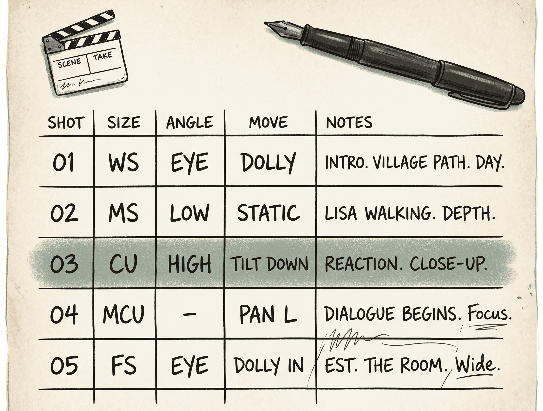 Hand-lettered tabular shot list on parchment.