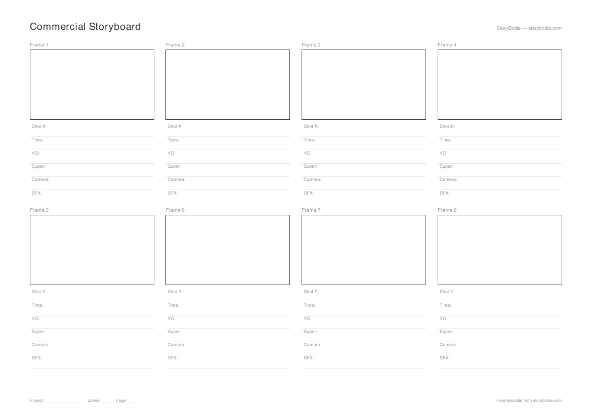 Preview of the Commercial Storyboard Template — 4-panel landscape PDF with timing and VO rows.
