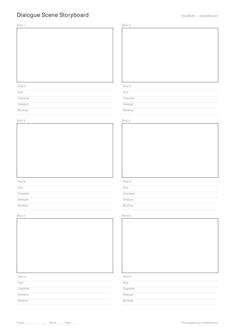 Preview of the Dialogue Scene Storyboard Template — 2-panel portrait PDF.