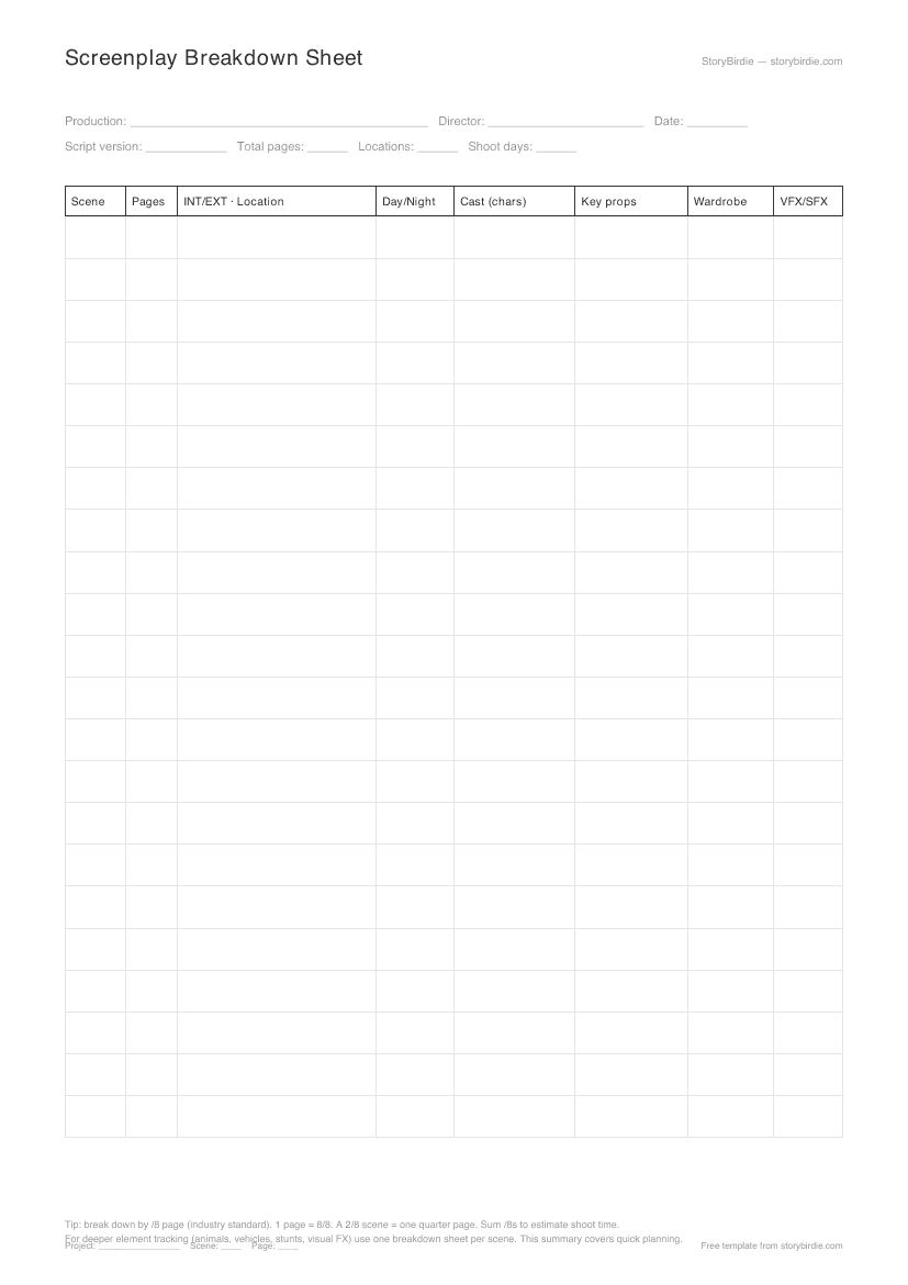 Preview of the Screenplay Breakdown Sheet — A4 portrait PDF.