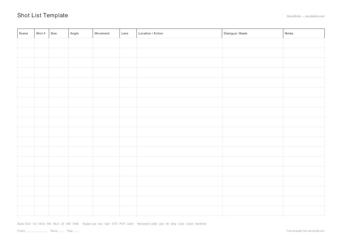 Preview of the Shot List Template — tabular A4 landscape PDF.