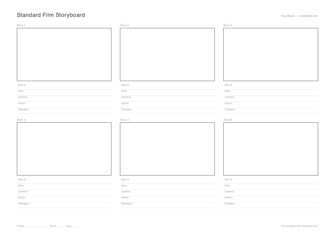 Preview of the Standard Film Storyboard Template — 3-panel landscape PDF.