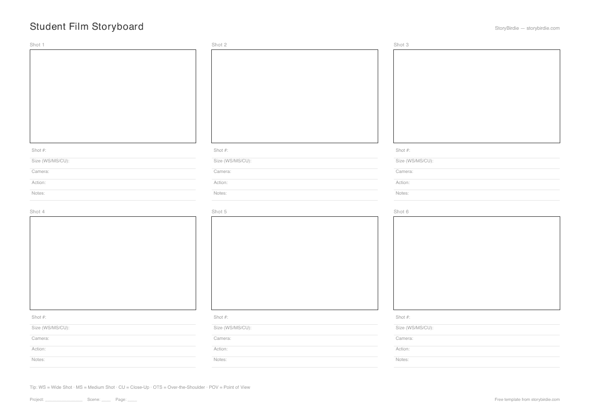 Preview of the Student Film Storyboard Template — 3-panel landscape PDF with shot taxonomy reference.