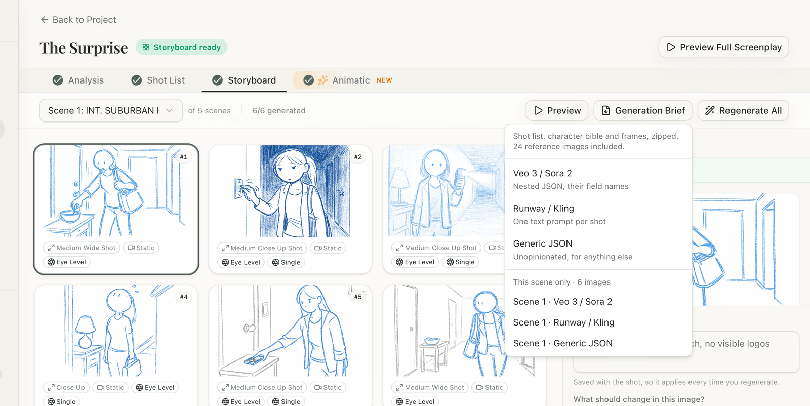 StoryBirdie storyboard view with the Generation Brief menu open, offering Veo 3 / Sora 2, Runway / Kling and Generic JSON, for the whole screenplay or one scene