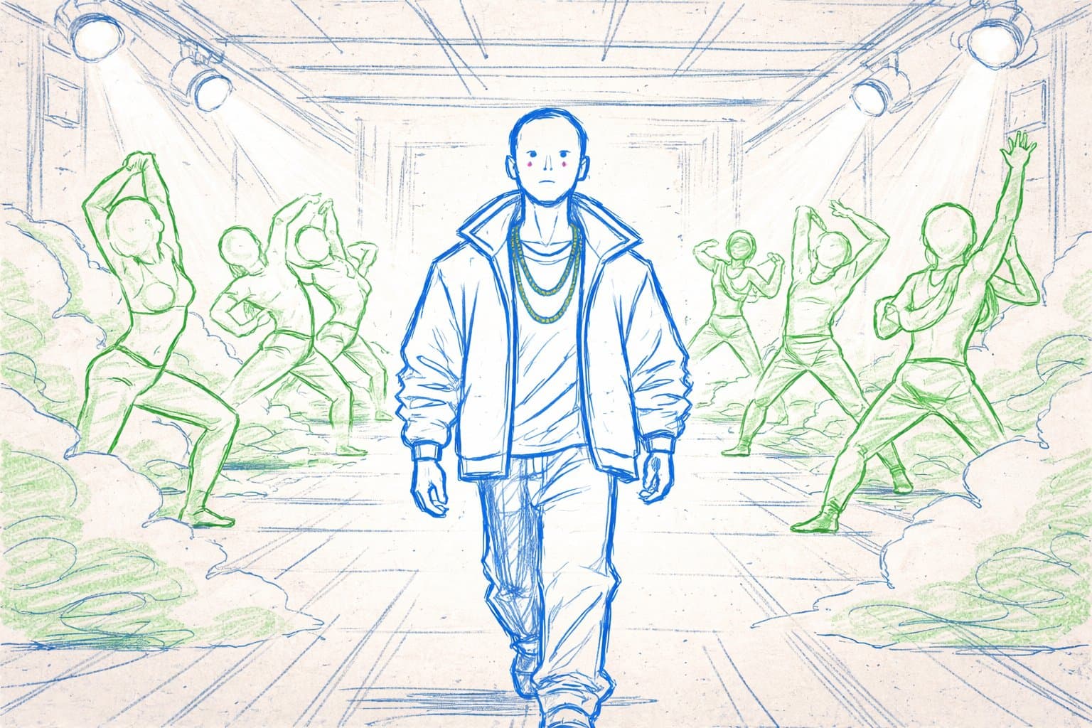 Storyboard frame of a warehouse performance setup