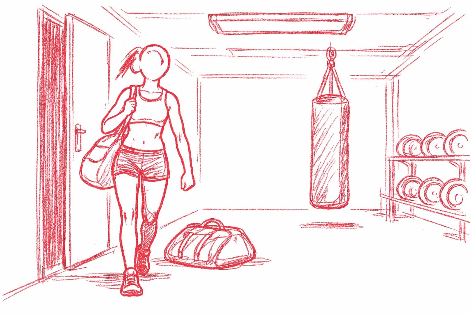 Medium wide: Young woman enters the empty gym, drops her bag by the door