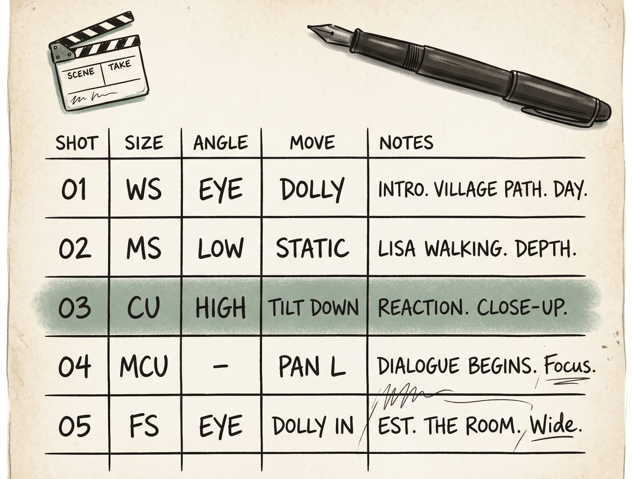 Hand-lettered tabular shot list on parchment.