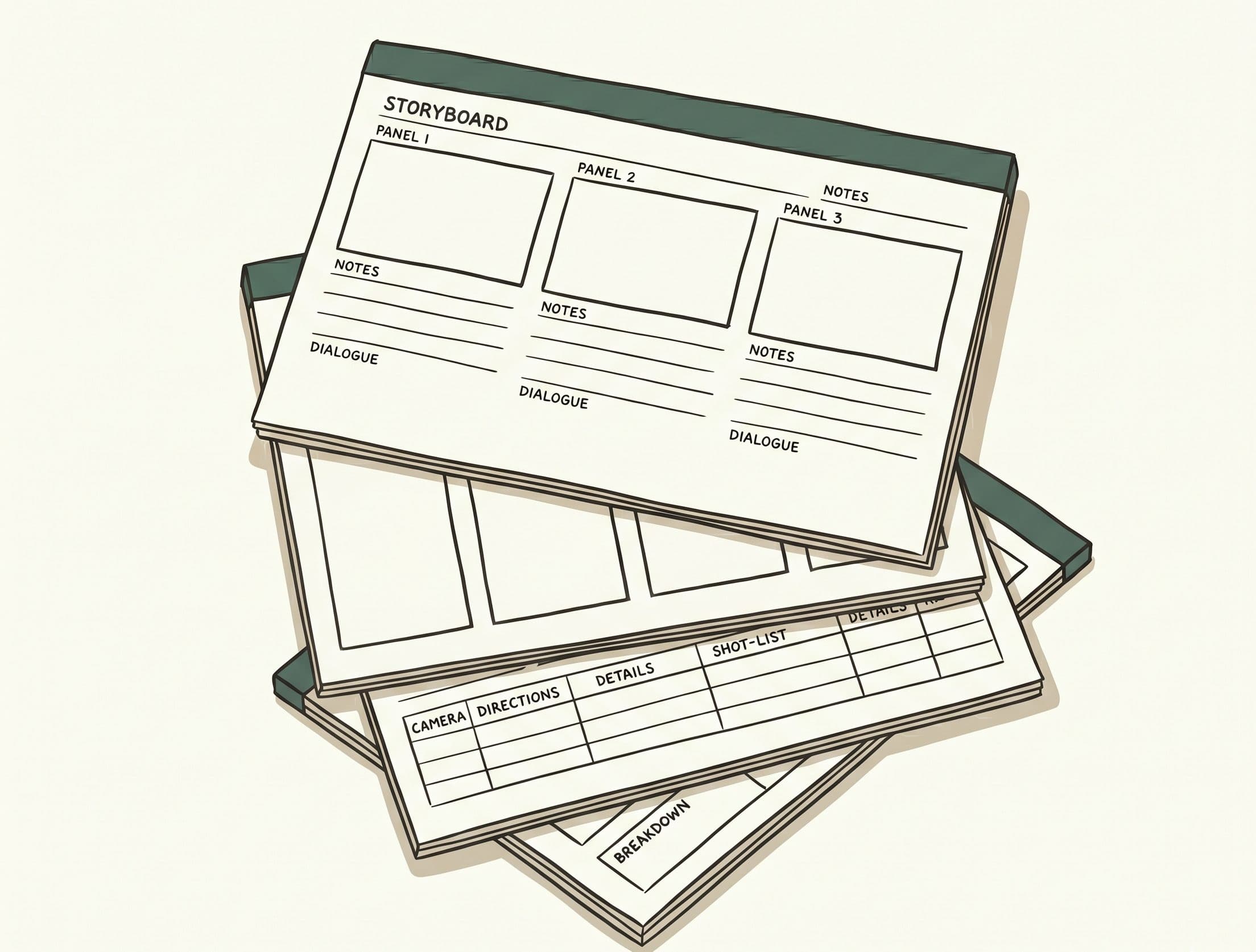 A stack of fanned storyboard template sheets on parchment.