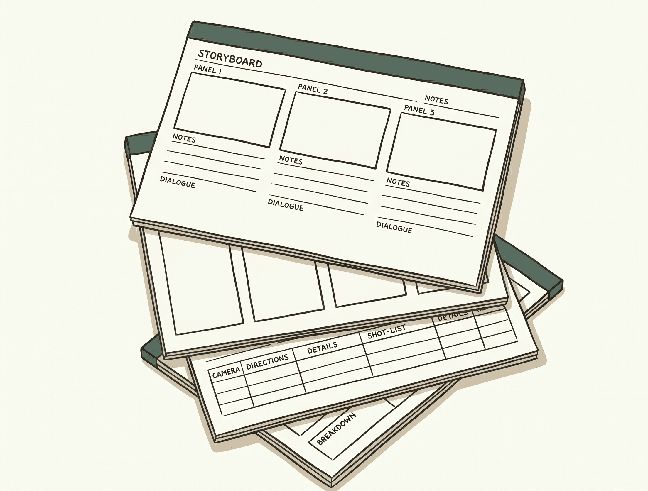 A small stack of fanned storyboard template sheets on parchment — 3-panel, 2-panel, tabular, breakdown — illustrating the free template library.